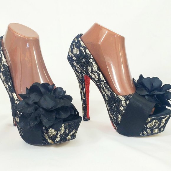 Mojo Moxy Black Floral Lace Platform Stiletto Glitter Heels Size 9 SH1346 - Picture 8 of 8